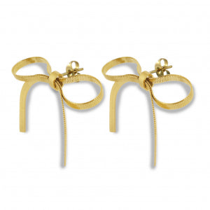Gold-tone stainless steel earrings shaped like ribbon bows – long drop stud design with sculpted loops

